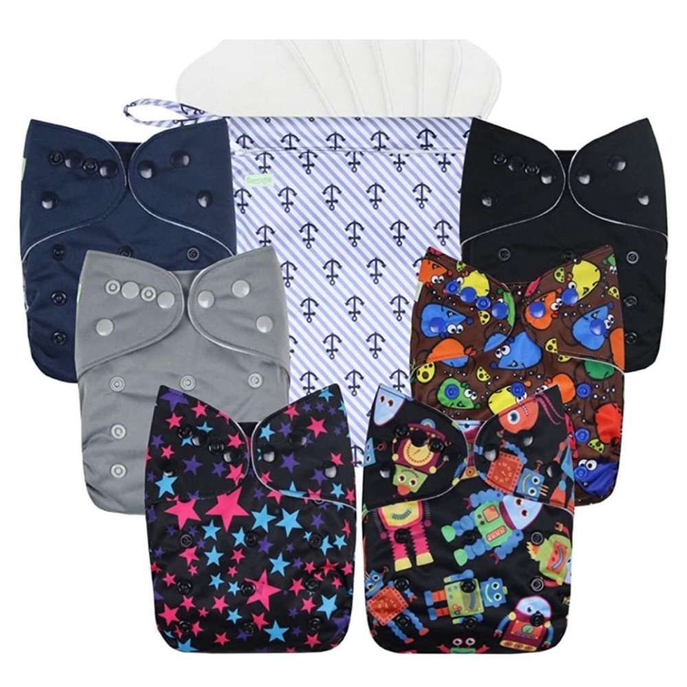 Wegreeco Cloth Diaper Bundle - 6 Cloth Diapers, 6 Inserts, & 1 Wet Bag